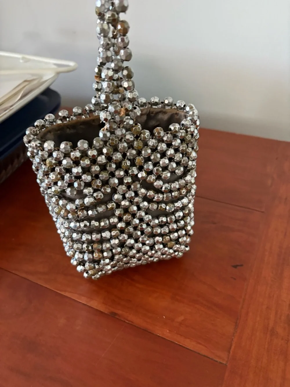 Y2K Silver Beaded Mini Bag Italy Metallic Evening Purse Vintage Glam - Picture 8 of 10